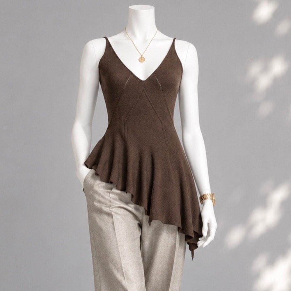 Y2K Max Studio Brown Silk Cotton Asymmetric Peplum Top XL Whimsigoth Boho Tank